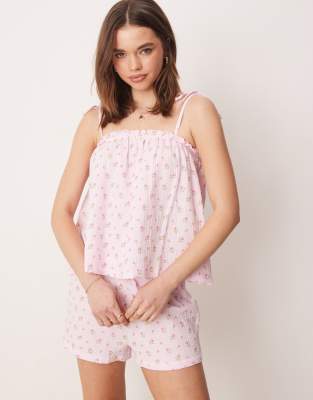 crinkle cotton tie shoulder cami and short pajama set in ditsy floral print-Multi
