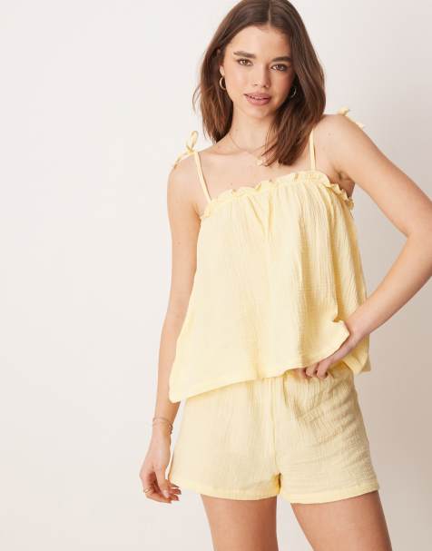 Loungeable crinkle cotton tie shoulder cami and short pajama set in lemon yellow - view 1