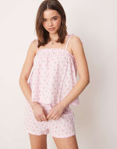 Loungeable crinkle cotton tie shoulder cami and shorts pyjama set in ditsy floral print - view 1