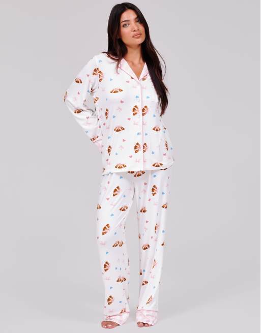 Loungeable Croissant bow ls button down trad pyjama set in cream, 3 of 6