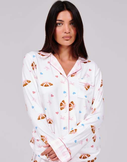 Loungeable Croissant bow ls button down trad pyjama set in cream, 4 of 6