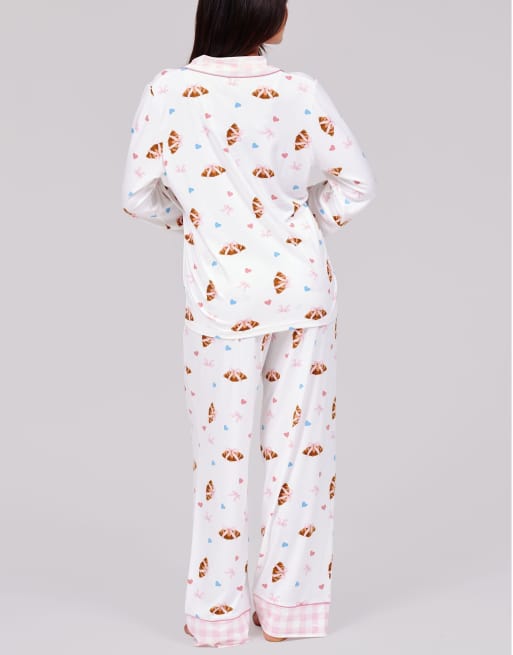 Loungeable Croissant bow ls button down trad pyjama set in cream, 6 of 6