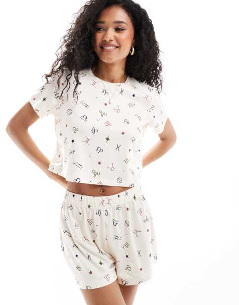 Loungeable cropped t-shirt and shorts pajama set in celestial print - view 1