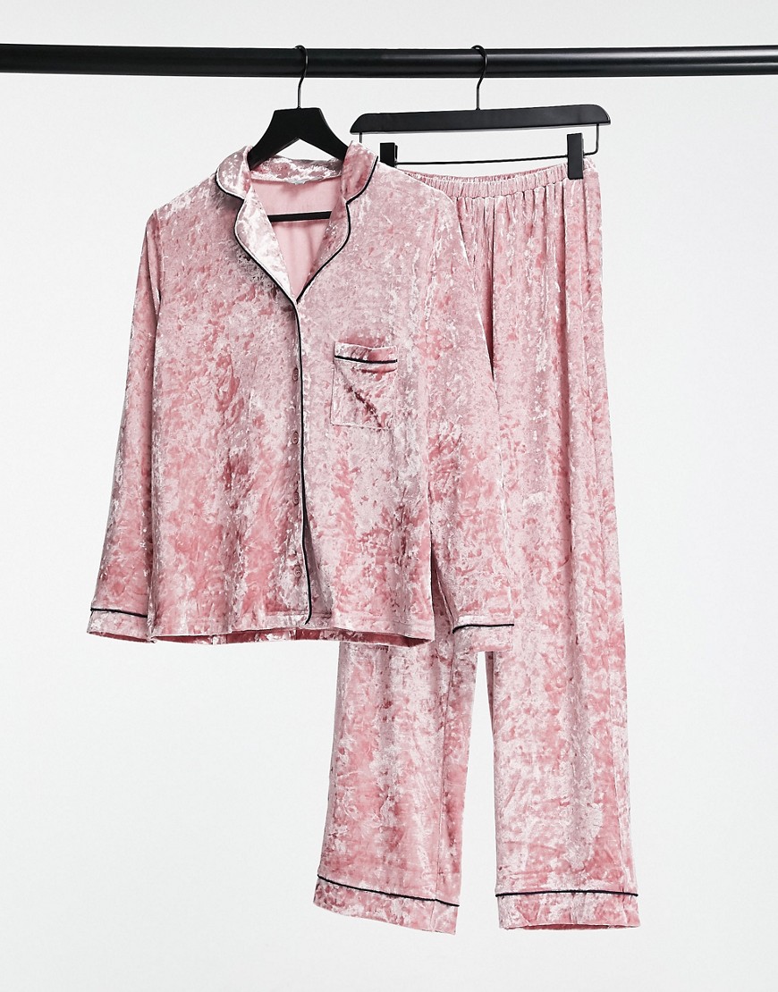 Loungeable crushed velvet revere long pajama set in dusky pink