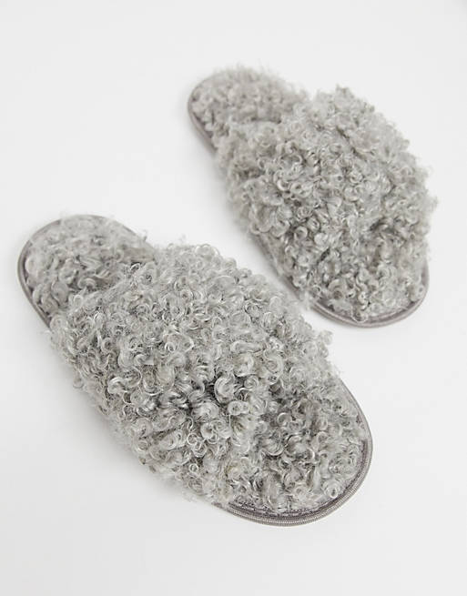 Loungeable curly faux fur cross over detail slider in grey