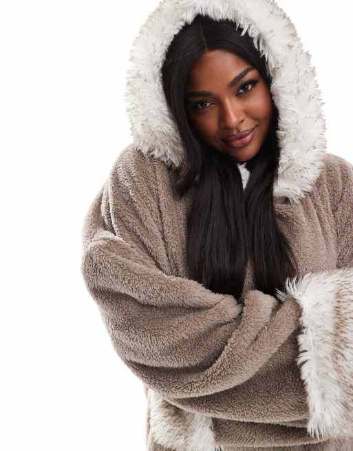 Loungeable Curve Borg with Faux Fur Ear Snuggle Hoodie in Mink ASOS