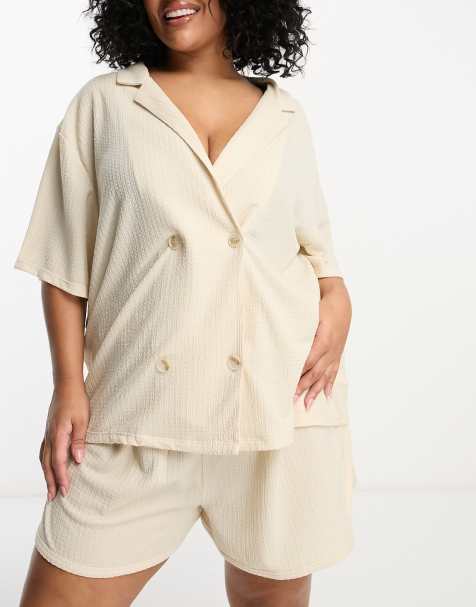 Loungeable Curve boxy pajama shirt and running short set in beige - view 1