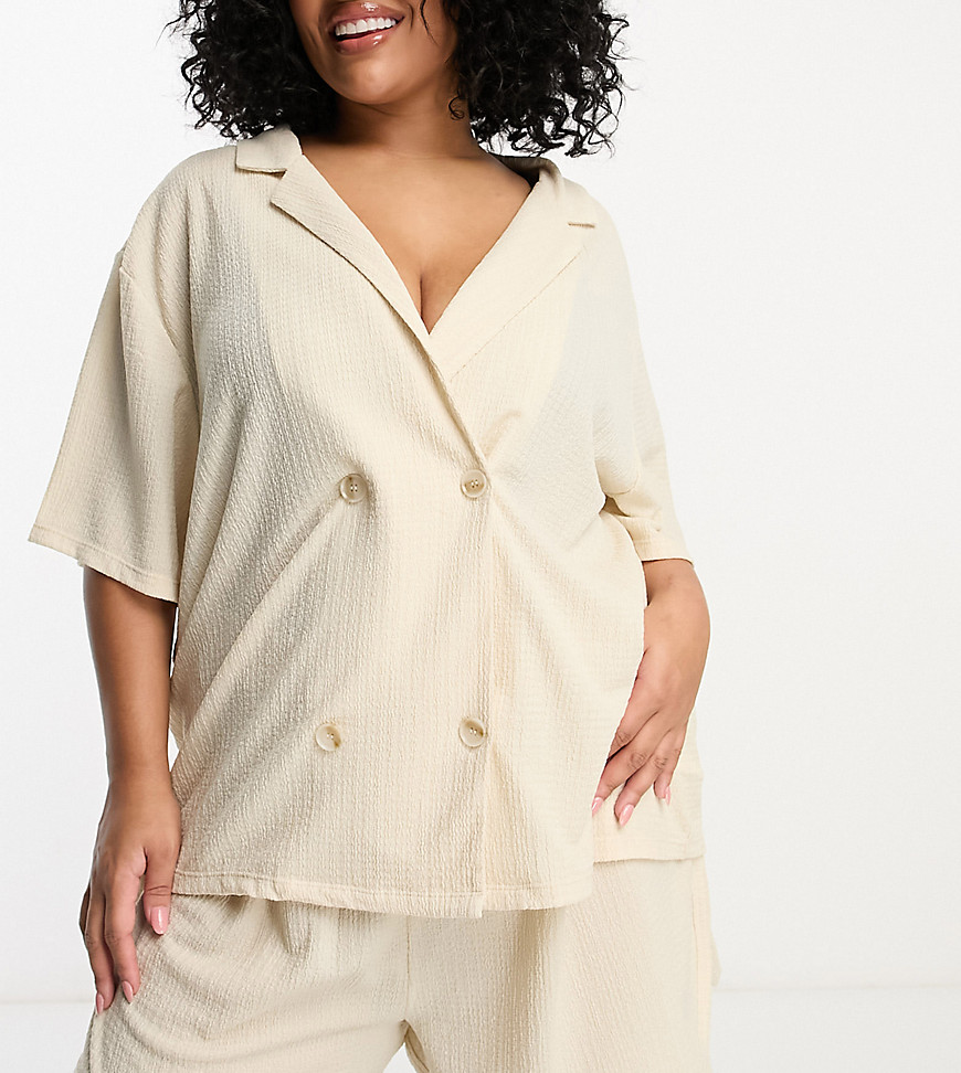Curve boxy pajama shirt and running short set in beige-Neutral