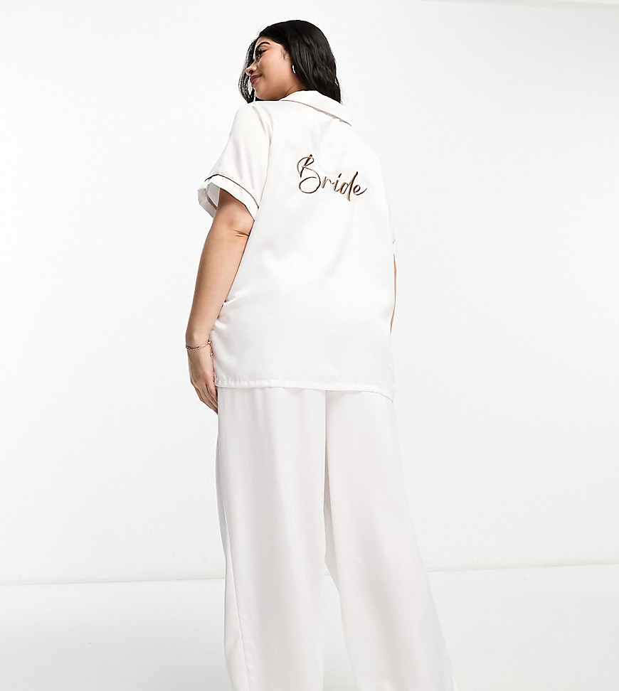 Curve bridal satin short sleeve camp collar shirt and pants in ivory-White