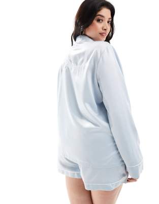 Loungeable Loungeable Curve Bridesmaid satin long sleeve shirt & short set in blue