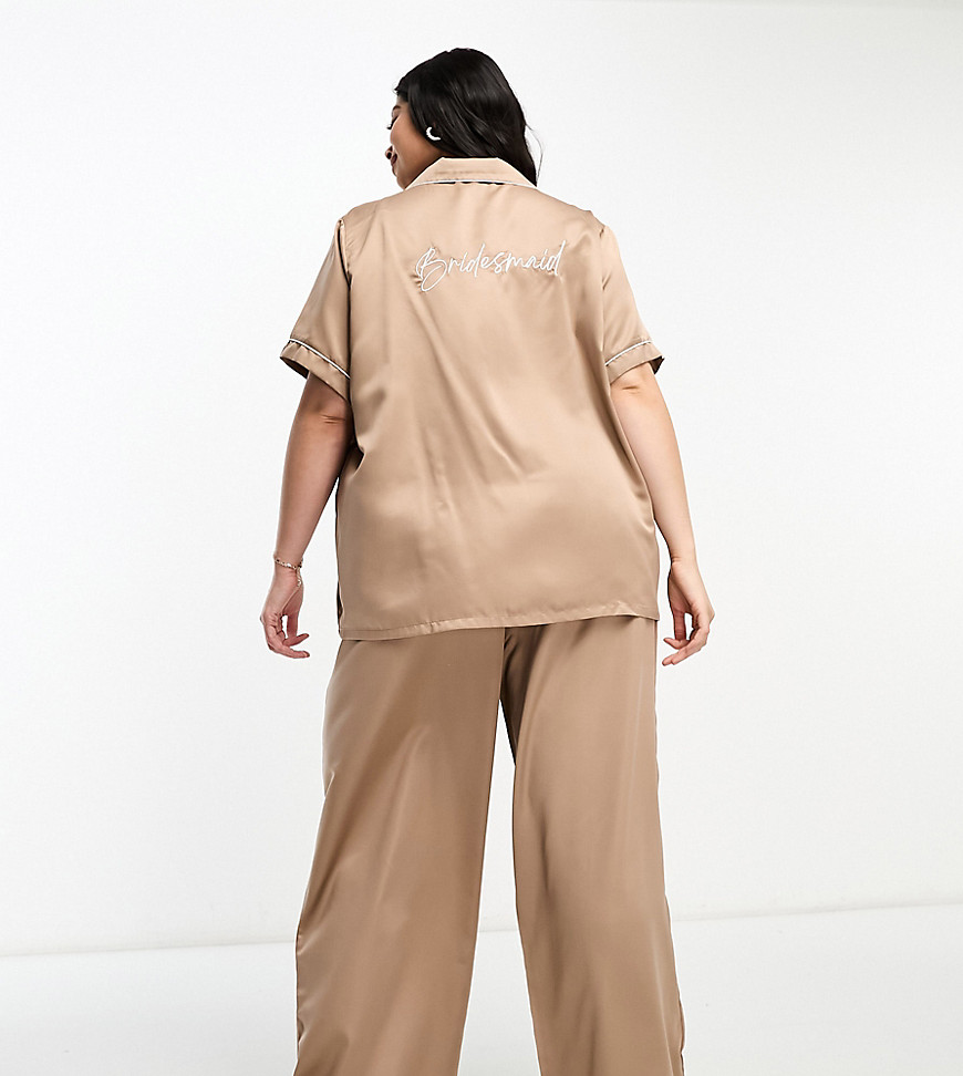 Loungeable Curve bridesmaid satin short sleeve camp collar shirt and pants in taupe-Neutral
