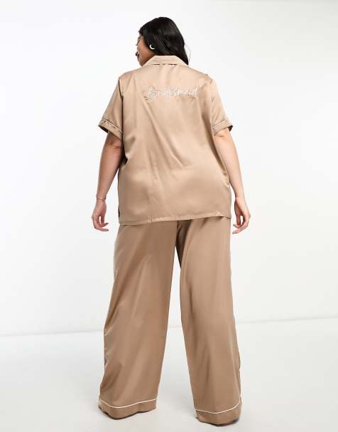 Loungeable Curve bridesmaid satin short sleeve revere shirt and pants in taupe - view 1