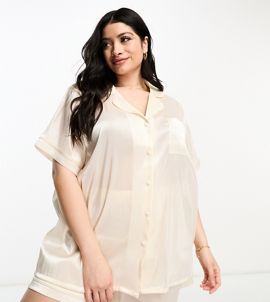 Loungeable Curve bridesmaid taffeta short sleeve revere shirt and short set in ivory-White