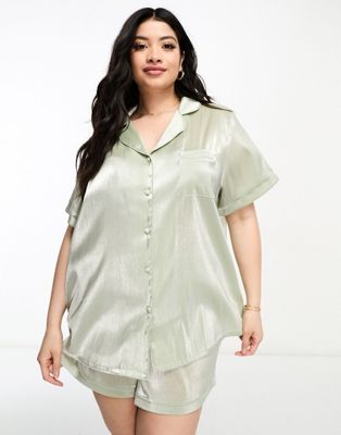 Loungeable Curve bridesmaid taffeta short sleeve revere shirt and shorts set in sage green - ASOS Price Checker