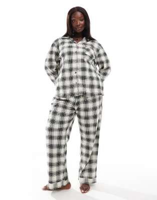 Loungeable Loungeable Curve check micro fleece button long sleeve pyjama set in cream/ black-Multi