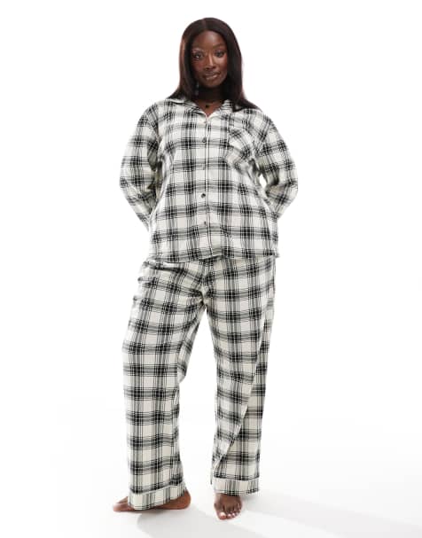 Loungeable Curve check micro fleece button long sleeve pyjama set in cream/ black - view 1