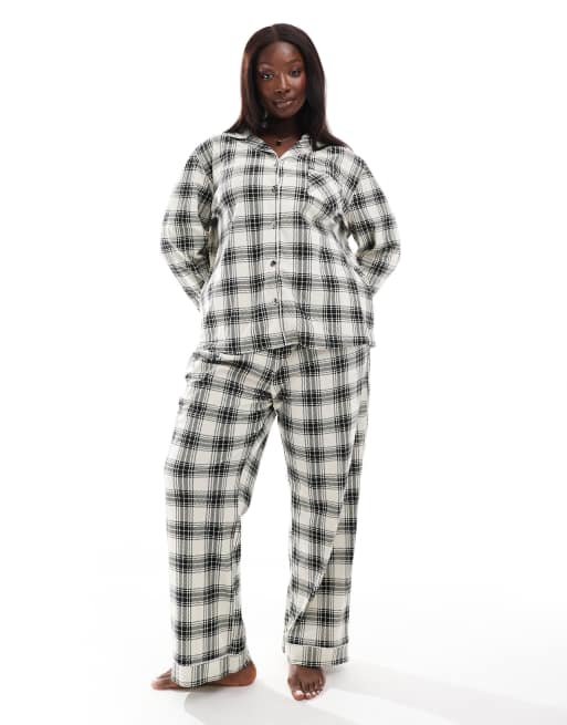 Loungeable Curve check micro fleece button long sleeve pyjama set in cream black