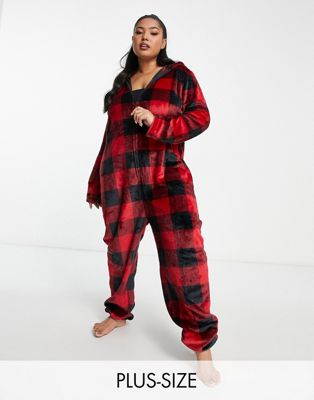 Loungeable Curve christmas all in one with reindeer hood in red check  - ASOS Price Checker
