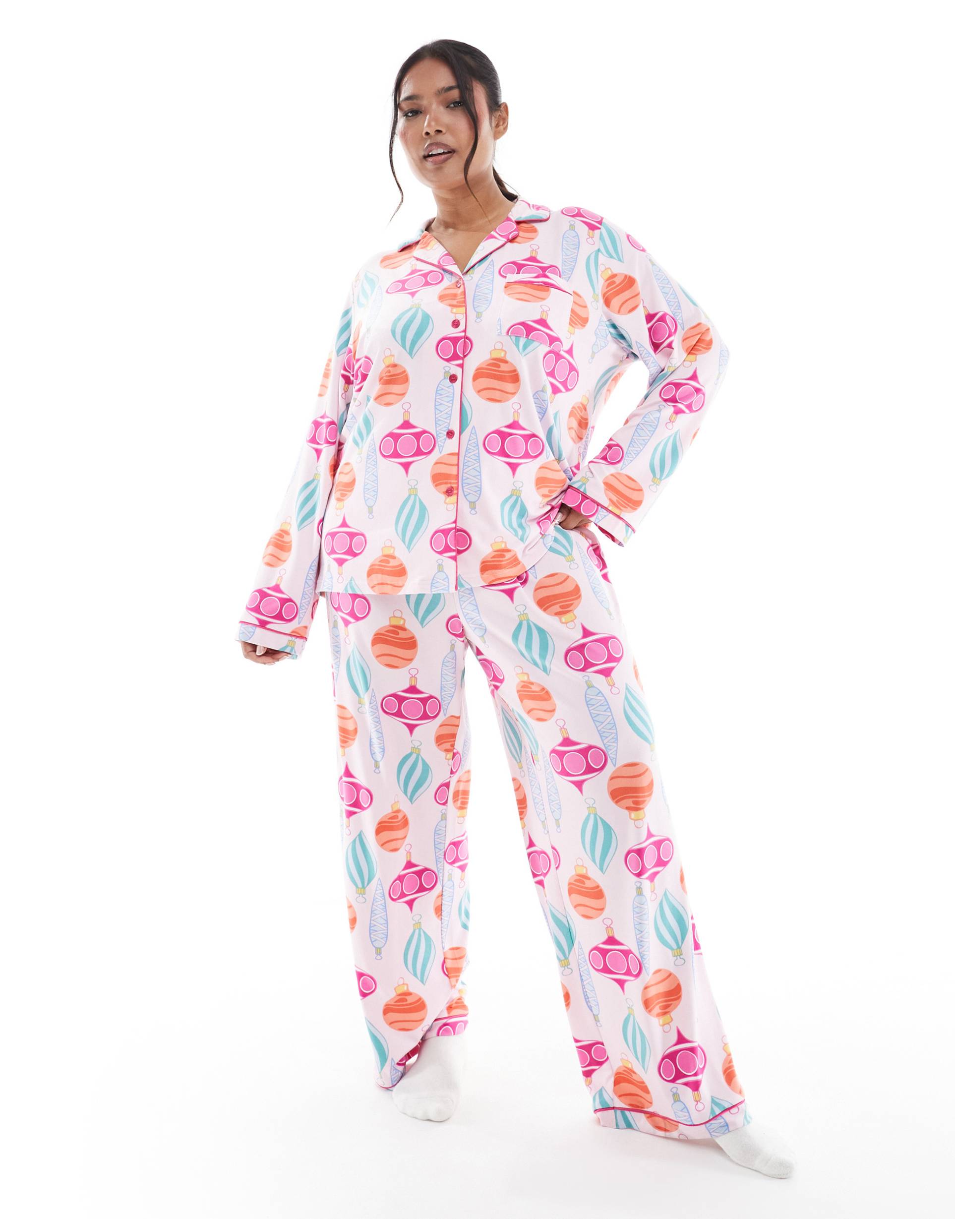 loungeable curve christmas super soft jersey camp collar top and wide leg pants pajama set in bauble print