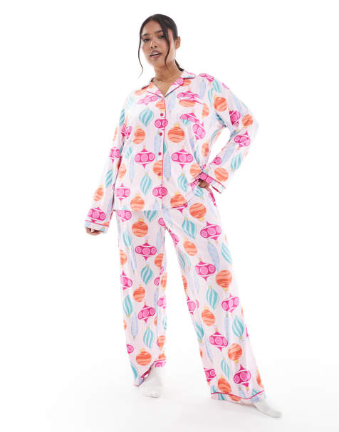Loungeable Curve Christmas super soft jersey pyjama revere top and wide leg pants set in bauble print - view 1