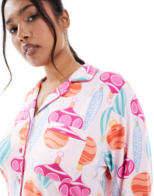 Loungeable Curve Christmas super soft jersey revere top and wide leg pyjama set in bauble print, 2 of 4