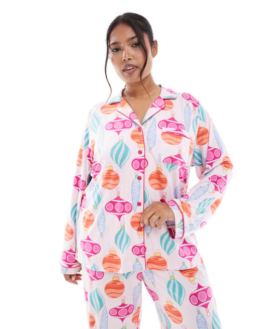 Loungeable Curve Christmas super soft jersey revere top and wide leg pyjama set in bauble print, 4 of 4