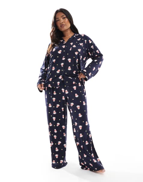 Loungeable Curve Christmas supersoft jersey pajama set in navy penguin print - view 1
