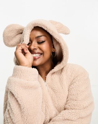 Loungeable Curve cosy sherpa hooded romper with ears in mink - ASOS Price Checker