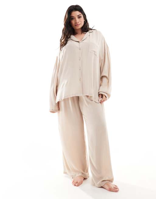 Loungeable Curve - Completo con camicia e pantaloni color pietra in tessuto stropicciato