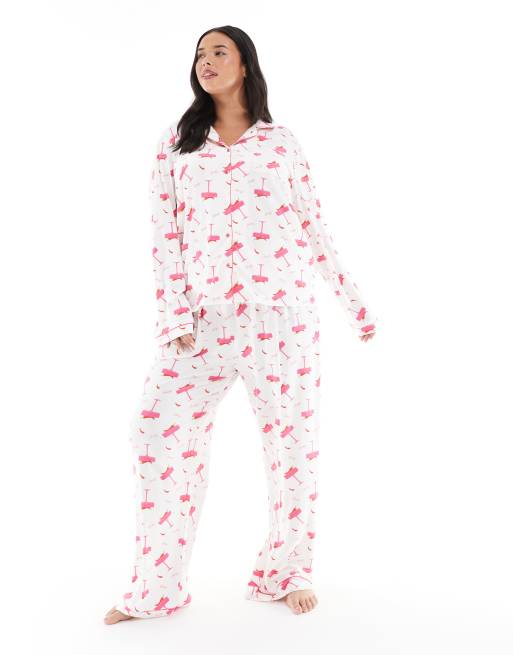Loungeable Curve - Completo in jersey super morbido con top a rever e pantaloni a fondo ampio con stampa di spicy margarita