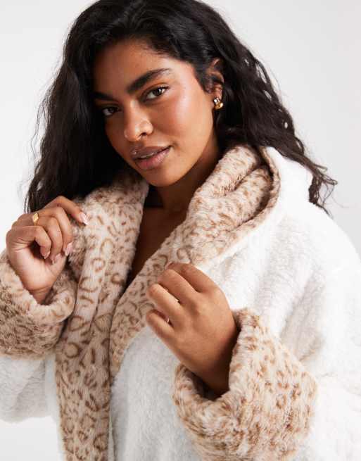 Loungeable Curve contrast leopard print cosy hooded maxi dressing gown in white and mink, 2 of 4