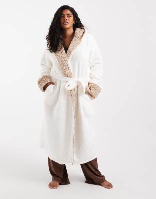 Loungeable Curve Contrast Leopard Print Cozy Hooded Maxi Robe In White