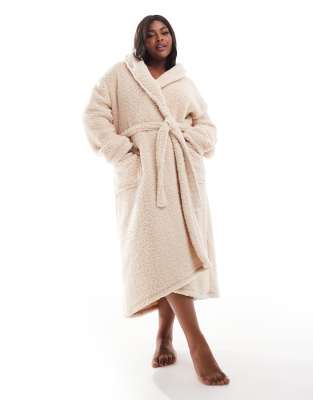 Loungeable Curve cosy borg collar maxi dressing gown in honey cream-White