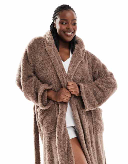 Loungeable Curve cosy sherpa hooded maxi dressing gown in chocolate ASOS