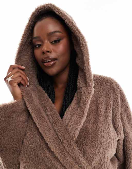 Loungeable Curve cosy sherpa hooded maxi dressing gown in chocolate ASOS