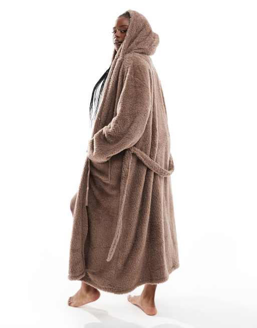 Loungeable Curve cosy sherpa hooded maxi dressing gown in chocolate