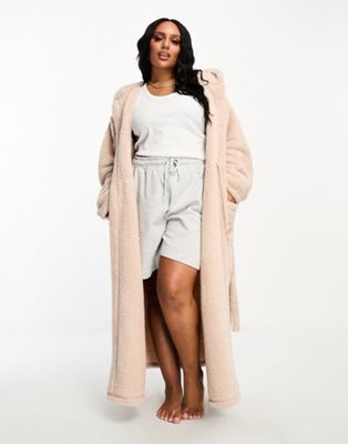 Loungeable Curve cosy sherpa hooded maxi dressing gown in mink