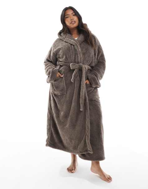 Loungeable Curve cosy sherpa hooded maxi dressing gown in mocha - view 1