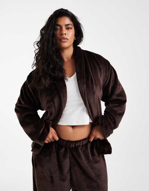 Loungeable Curve cosy wrap tie robe top and trouser set in chocolate brown, 2 of 4