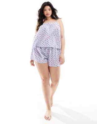Loungeable Curve cotton stripe tie shoulder cami and shorts pyjama set in blue