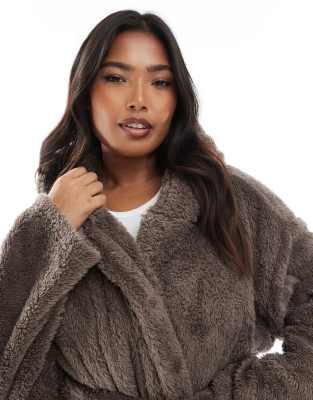 Loungeable Curve Cozy Sherpa Hooded Maxi Robe In Brown