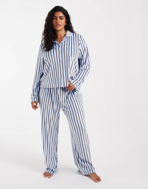 Loungeable Curve cozy velour camp collar button up shirt and pants pajama set in blue striped print, 2 of 4