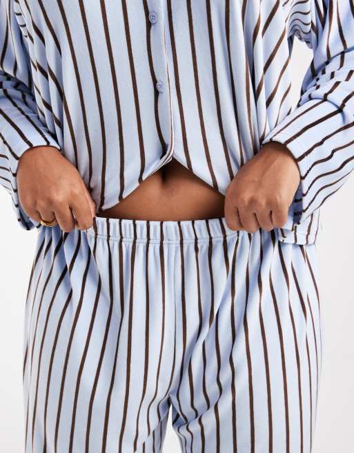 Loungeable Curve cozy velour camp collar button up shirt and pants pajama set in blue striped print, 3 of 4