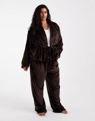 Loungeable Curve Cozy Wrap Tie Robe Top And Pants Set In Brown