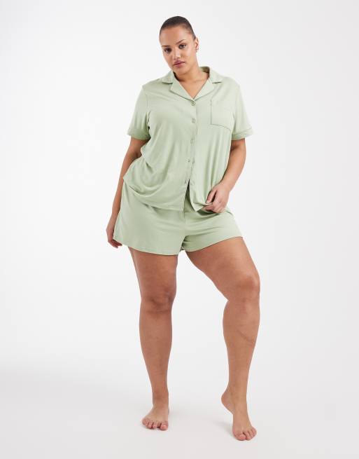 Loungeable Curve - Ensemble short et chemise à manches courtes en jersey ultra doux - Sauge pâle, 2 de 4