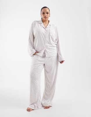 Curve - Ensemble ultra-doux en jersey rayé avec pantalon et top à revers - Beige et blanc 44
