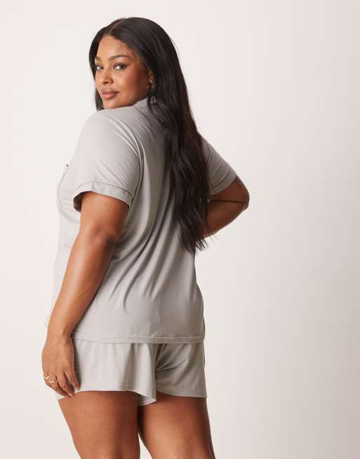 Loungeable Curve - Gråmeleret pyjamassæt i jersey med kortærmet skjorte og shorts, 3 af 4