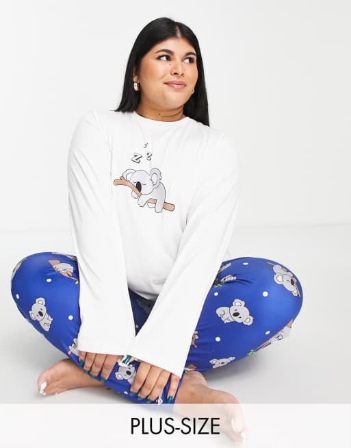 Loungeable Curve - Hvidt og marineblåt pyjamassæt med leggings med koalabjørne