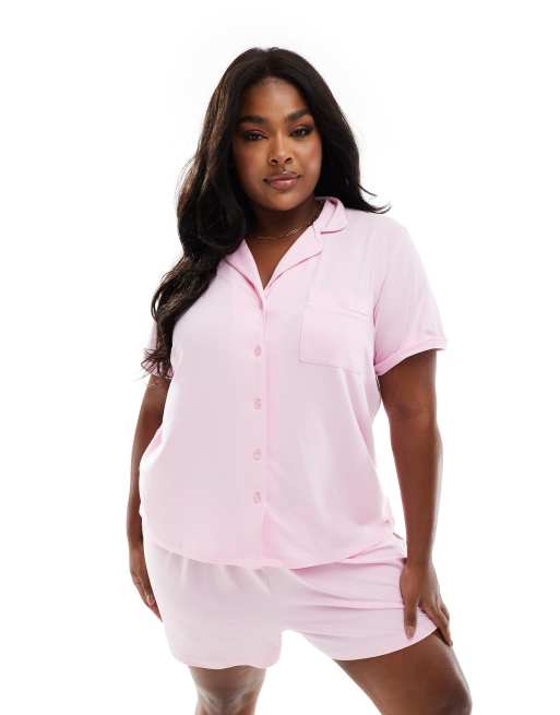 Loungeable Curve - Pigiama in jersey rosa con camicia a maniche corte e pantaloncini