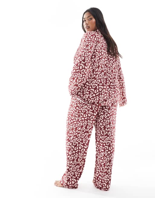 Loungeable Curve - Pigiama in jersey super morbido rosso leopardato con rever e bordini a contrasto, 3 di 4